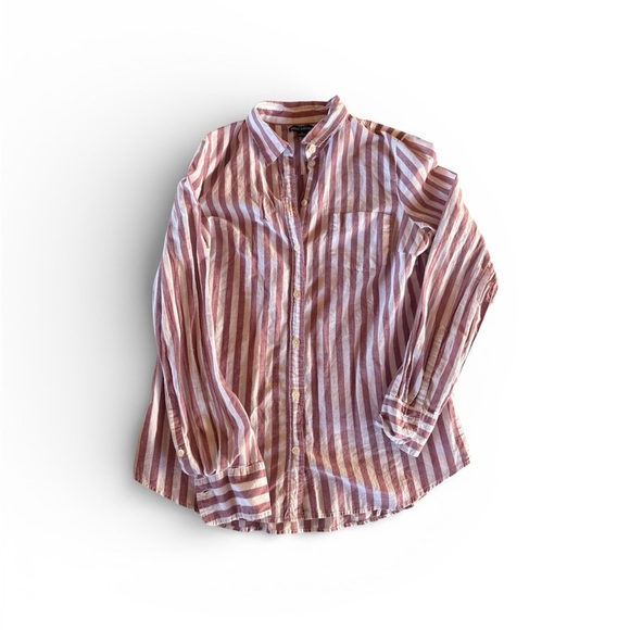 J. Crew Tops - J Crew Mercantile Striped Linen Cotton Button-Up Pink Red Shirt Beach Spring S